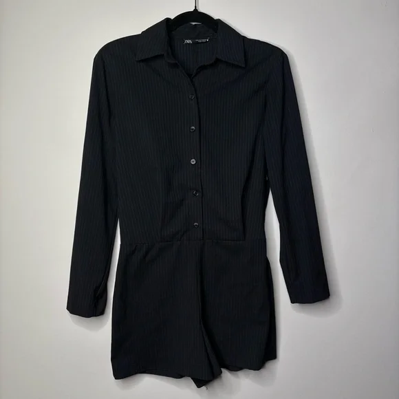 Zara Black Pinstriped Short Jumpsuit Romper Business Casual - Picture 4 of 7